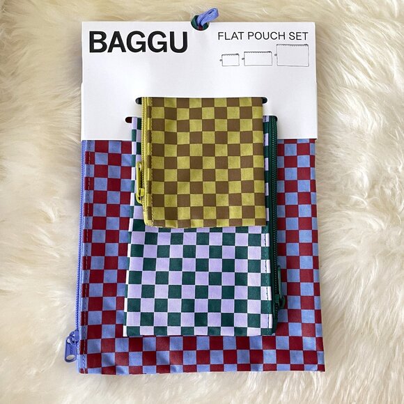 NWT Baggu Flat Pouch Set - Jewel Checks - Picture 1 of 3